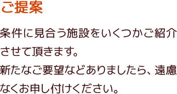 お伺いした入居条件を基に横浜市老人ホーム介護施設紹介センター クラモからご提案致します。